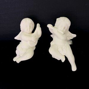 Vintage Pair Of White Bisque Porcelain Angel Candle Huggers Figurines